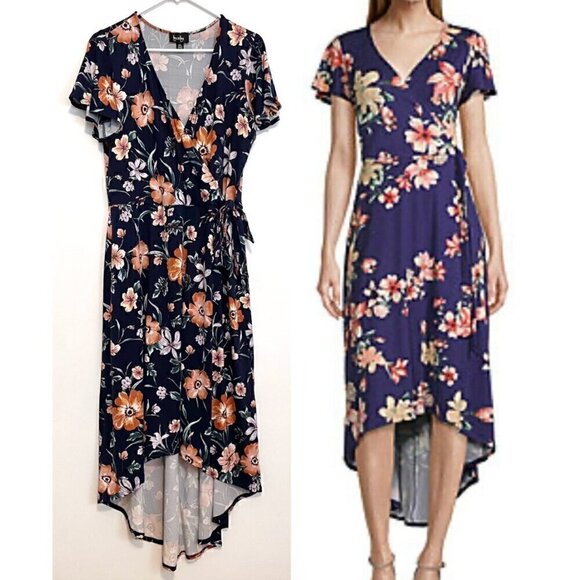 BY & BY / BY&BY Navy Blue Floral Print High Low Hi-Lo Midi Maxi Faux Wrap Dress - Picture 1 of 16